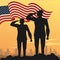 Officers military silhouettes with usa flag sunset scene