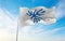 official city flag of Sakai, Osaka waving in the wind on flagpoles against sky with clouds on sunny day. Japan Patriotic concept.