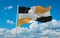 official flag of Levis, Quebec Canada at cloudy sky background on sunset, panoramic view. Canadian travel and patriot concept.