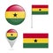 Official national flags country Ghana GH.circle sign,flagpole,pin and flags isolated on white background.Vector illustration