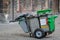 Official trashcan on wheels to be pushed by humans, Bruges, Belgium