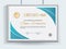 Official vector certificate with blue flat design elements and realistic grey border hanging on the wall. Business clean