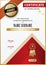 Official white certificate of appreciation award template with gold shapes and black badge