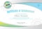 Official white certificate with green blue wave design elements. Business clean modern design