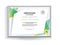 Official white certificate with green triangle design elements with realistic grey border. Business clean modern design