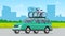 Offroad car with bicycle on roof vector isolated automobile transport. Car tourism concept