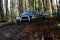 Offroad race on fall nature background Motor racing in autumn forest. Rallying, competition and four wheel drive concept