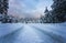 Offroad track trough deep snow in alpine forest, Wildermieming, TIrol, Austria