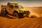 Offroad vehicle in sand dunes in the desert. Yellow rally car with truck wheels, generative ai