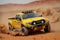 Offroad vehicle in sand dunes in the desert. Yellow rally car with truck wheels, generative ai