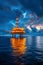 Offshore oil rig platform at late evening with oil drilling operation in open sea