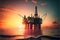 Offshore petroleum platform oil rig and gas at sea water sunset light - created by generative AI