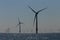 Offshore platform windmills of Rampion windfarm off the coast of Brighton, Sussex, UK