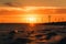 Offshore wind power. Wind turbines in sea on sunset