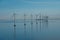 Offshore windmill park alternative energy. windmills in the sea with reflection in the morning, denmark