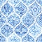 Ogee seamless pattern. White and blue watercolor illustration. Print for home textiles