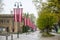 Ogre city is decorated with national flags. Ogre. Latvia. May 2, 2020.