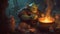 Ogre cooking a stew in a cauldron. Fantasy concept , Illustration painting