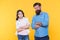 Oh, please no. Man and child yellow background. Bearded man and little girl keep arms crosses. Hipster man and small kid