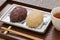 Ohagi; pounded rice covered with sweetened adzuki bean paste, japanese traditional dessert