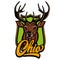 Ohio calligraphic lettering with deer head. Colored vector illustration