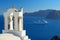 Oia church tower and cruise ship, Santorini, Cyclades, Greece