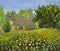 Oil acrylic painting old house with orange wildflowers