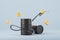 Oil barrel container and gas pump with floating dollar coins, high prices