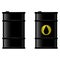 Oil barrel icon. Vector black oil barrel drums with labels