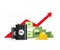 Oil barrel, money pile, red rising graph and upward arrow