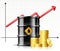 Oil barrel price rises chart and Black metal oil barrel with stack of gold coins.