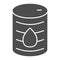 Oil barrel solid icon. Chemical metal can with drop, drum container. Fuel industry vector design concept, glyph style