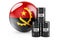 Oil barrels with Angolan flag. Oil production or trade in Angola concept, 3D rendering