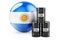 Oil barrels with Argentinean flag. Oil production or trade in Argentina concept, 3D rendering