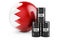 Oil barrels with Bahraini flag. Oil production or trade in Bahrain concept, 3D rendering
