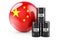 Oil barrels with Chinese flag. Oil production or trade in China concept, 3D rendering