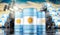 Oil barrels with flag of Argentina and oil extraction wells - 3D illustration