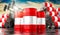 Oil barrels with flag of Austria and oil extraction wells - 3D illustration