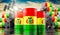 Oil barrels with flag of Bolivia and oil extraction wells - 3D illustration