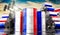 Oil barrels with flag of France and oil extraction wells - 3D illustration