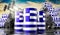 Oil barrels with flag of Greece and oil extraction wells - 3D illustration