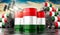 Oil barrels with flag of Hungary and oil extraction wells - 3D illustration