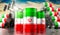 Oil barrels with flag of Iran and oil extraction wells - 3D illustration