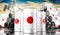 Oil barrels with flag of Japan and oil extraction wells - 3D illustration