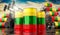 Oil barrels with flag of Lithuania and oil extraction wells - 3D illustration
