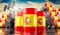 Oil barrels with flag of Spain and oil extraction wells - 3D illustration