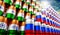 Oil barrels with flags of Russia and India - 3D illustration