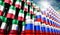 Oil barrels with flags of Russia and Kuwait - 3D illustration