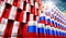 Oil barrels with flags of Russia and Peru - 3D illustration