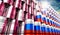 Oil barrels with flags of Russia and Qatar - 3D illustration